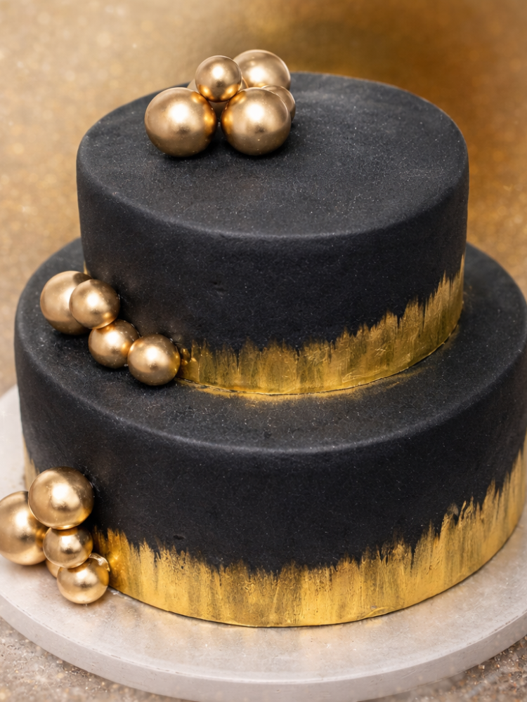 Czarny tort piętrowy z masą cukrową, złotymi kulami
